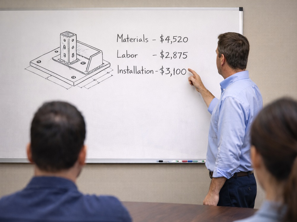 Man at whiteboard showing a fabricated part drawing and associated costs