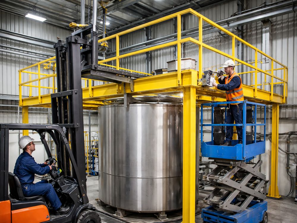 two field installation men erecting a mezzanine platform in an industrial manufacturing plant