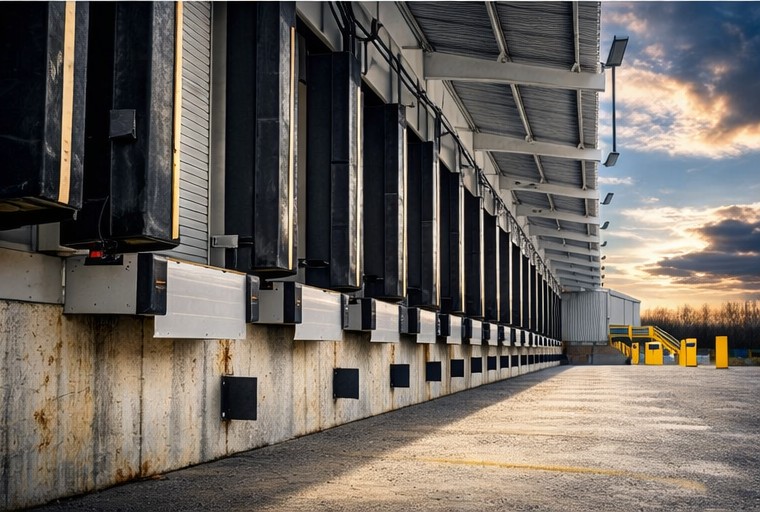 Exterior view of dock doors showcasing dock approach plates and levelers.