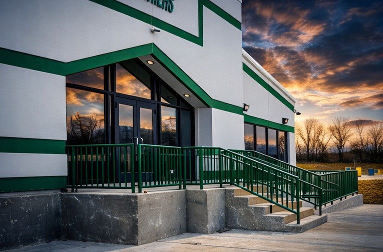 Front entrance stairs and ramp railings.