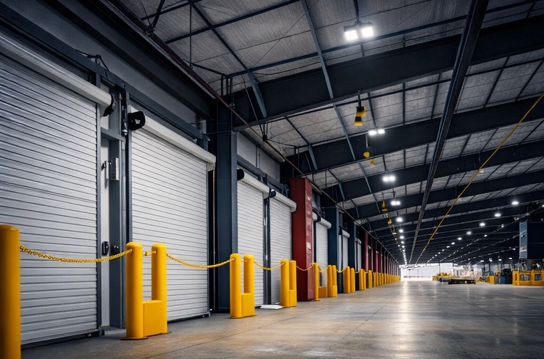 Dock doors with bollards and chains.