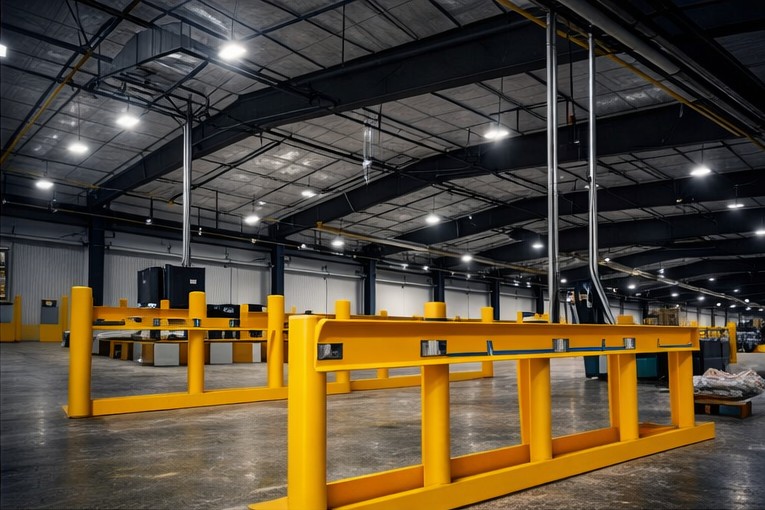 Bollard and rail assembly used as a fork truck guard.