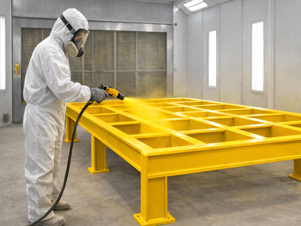 A man using industrial spray painting equipment.