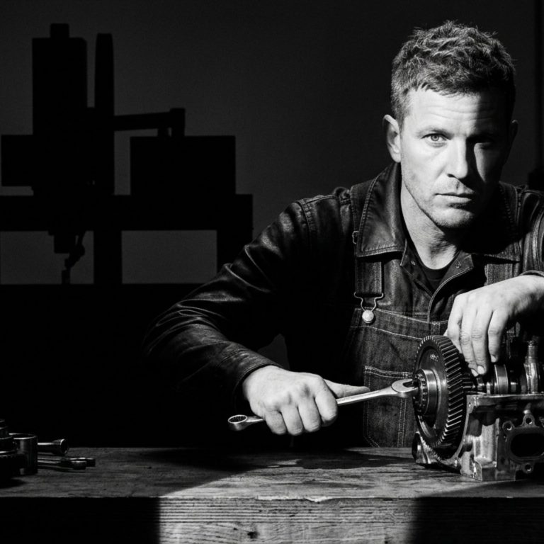 A mechanic working with tools on a workbench, wearing a denim outfit and focused on fixing a machine part.