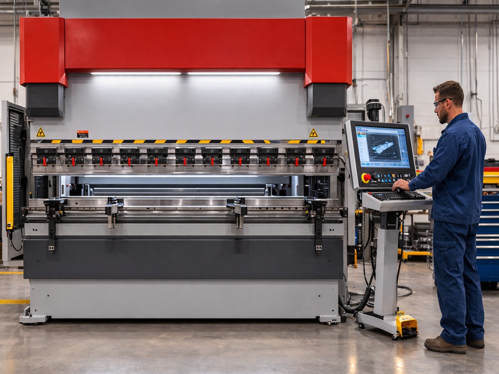 A man is operating the computer terminal that controls an automated press brake.